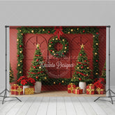 Aperturee - Aperturee Elegant Red Christmas Wall Photography Backdrop Garland Frame with Trees Traditional Holiday Photo Background